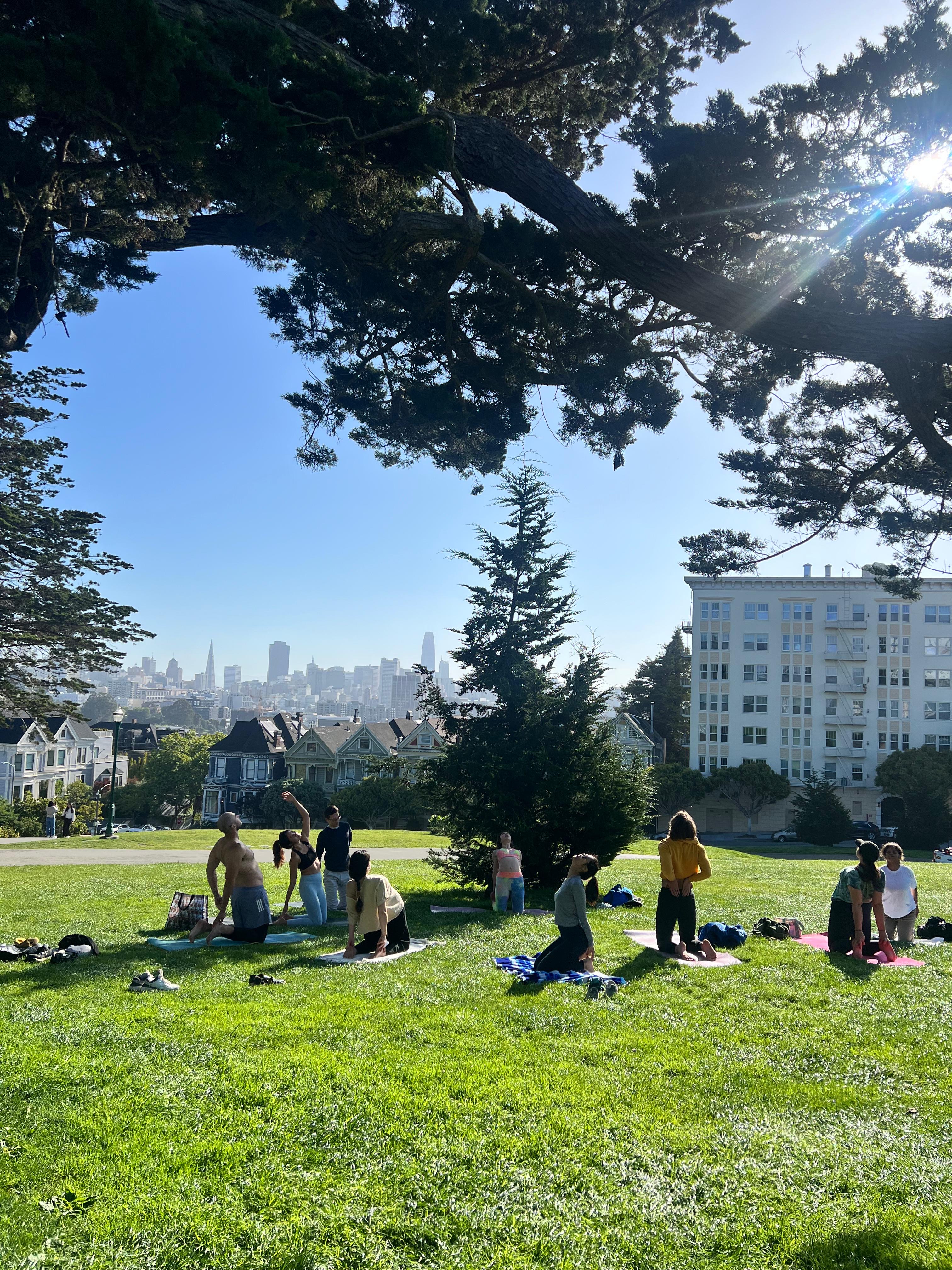 Morning yoga class at Alamo Square with the Painted Ladies and SF skyline