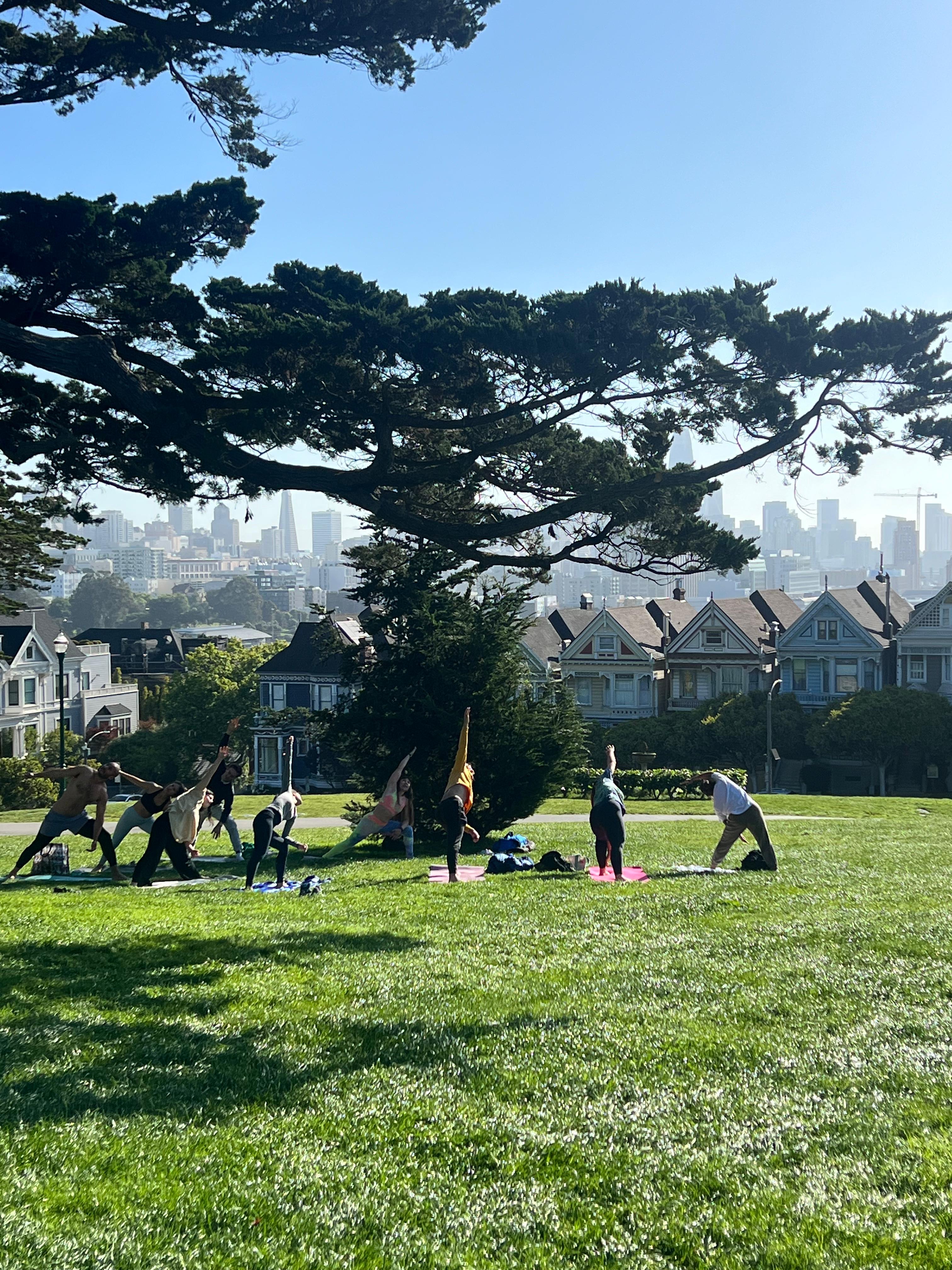 Mars teaching yoga at Alamo Square with the San Francisco skyline